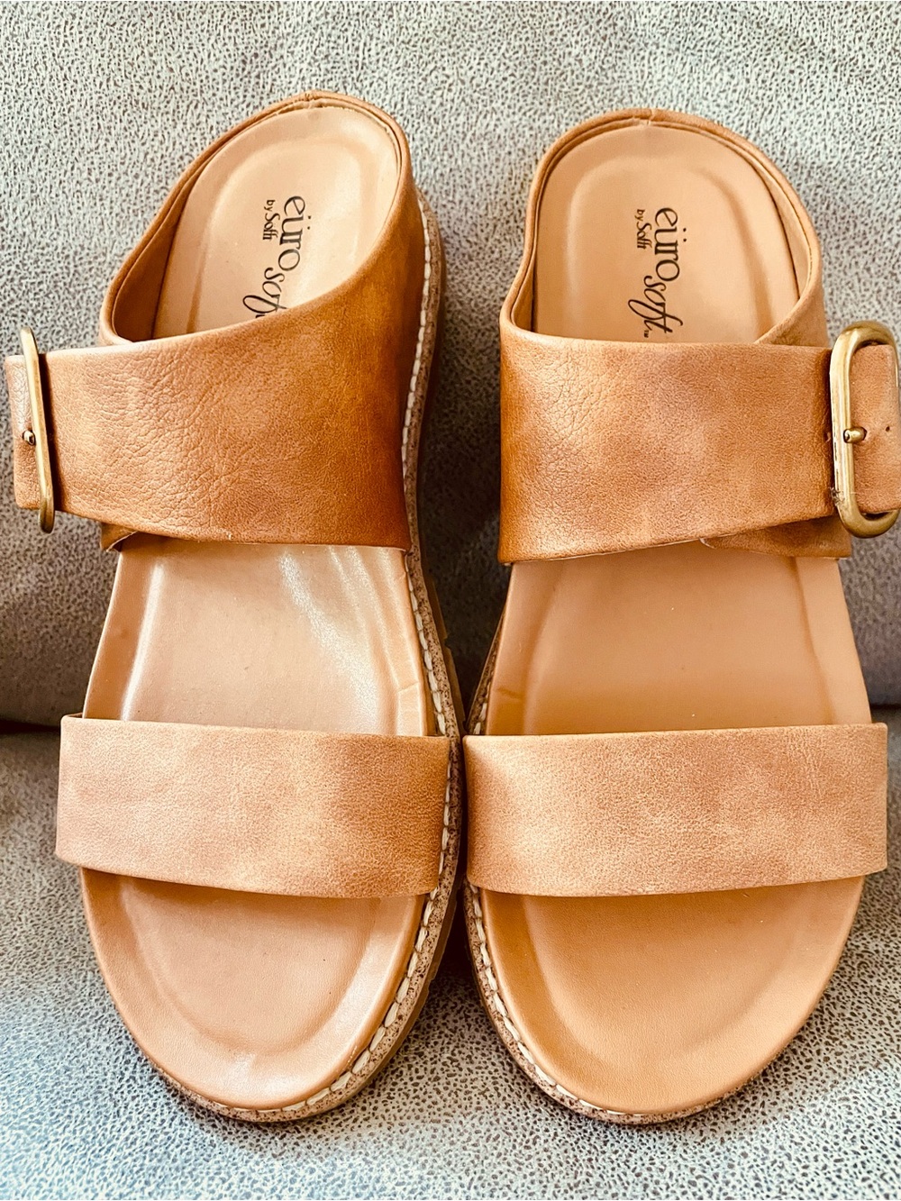 Sofft Tan Faux Leather Double-Strap Slide Sandals with Buckle Size 7.5